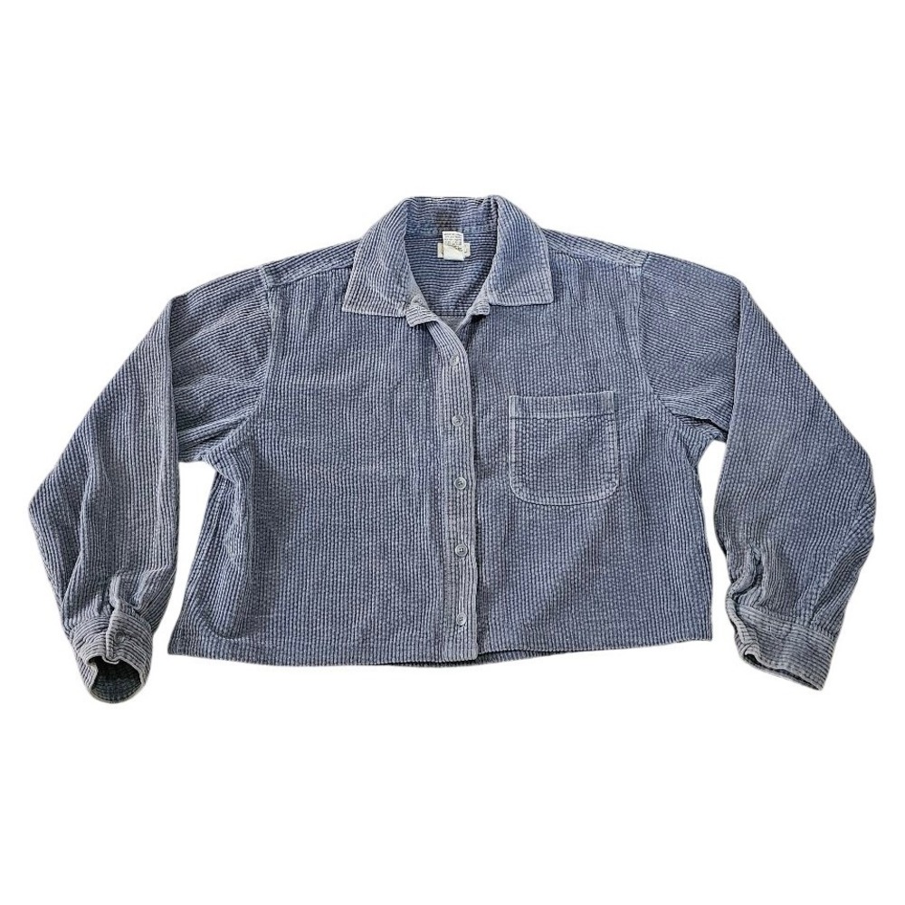 L.L. Bean Women Large Blue Corduroy Button Down Shirt Long Sleeve Cropped Jacket